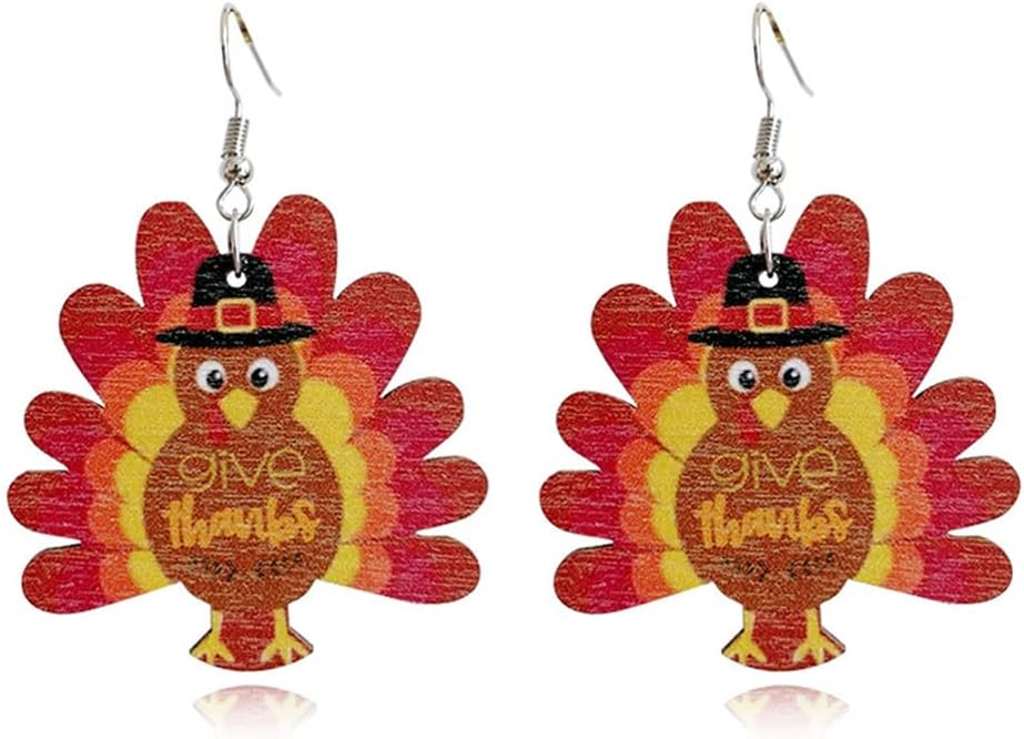 Thanksgiving earrings Handmade Autumn Turkey Chicken Pumpkin Sunflower Maple Leaf Wood Earring for Women Thanksgiving Day Jewelry Gift - 我的商店我的商店我的商店