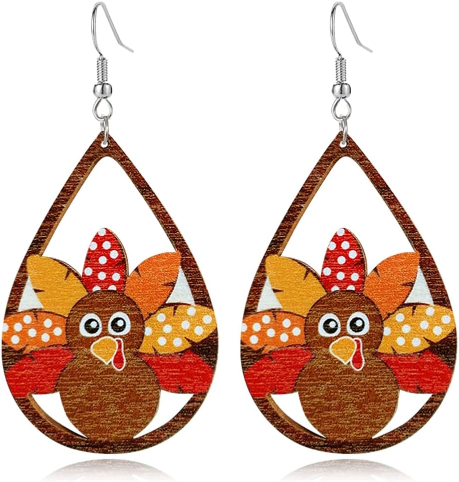 Thanksgiving earrings Handmade Autumn Turkey Chicken Pumpkin Sunflower Maple Leaf Wood Earring for Women Thanksgiving Day Jewelry Gift - 我的商店我的商店我的商店