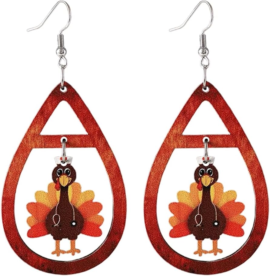 Thanksgiving earrings Handmade Autumn Turkey Chicken Pumpkin Sunflower Maple Leaf Wood Earring for Women Thanksgiving Day Jewelry Gift - 我的商店我的商店我的商店