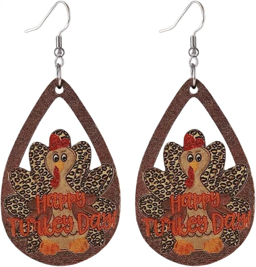 Thanksgiving earrings Handmade Autumn Turkey Chicken Pumpkin Sunflower Maple Leaf Wood Earring for Women Thanksgiving Day Jewelry Gift - 我的商店我的商店我的商店