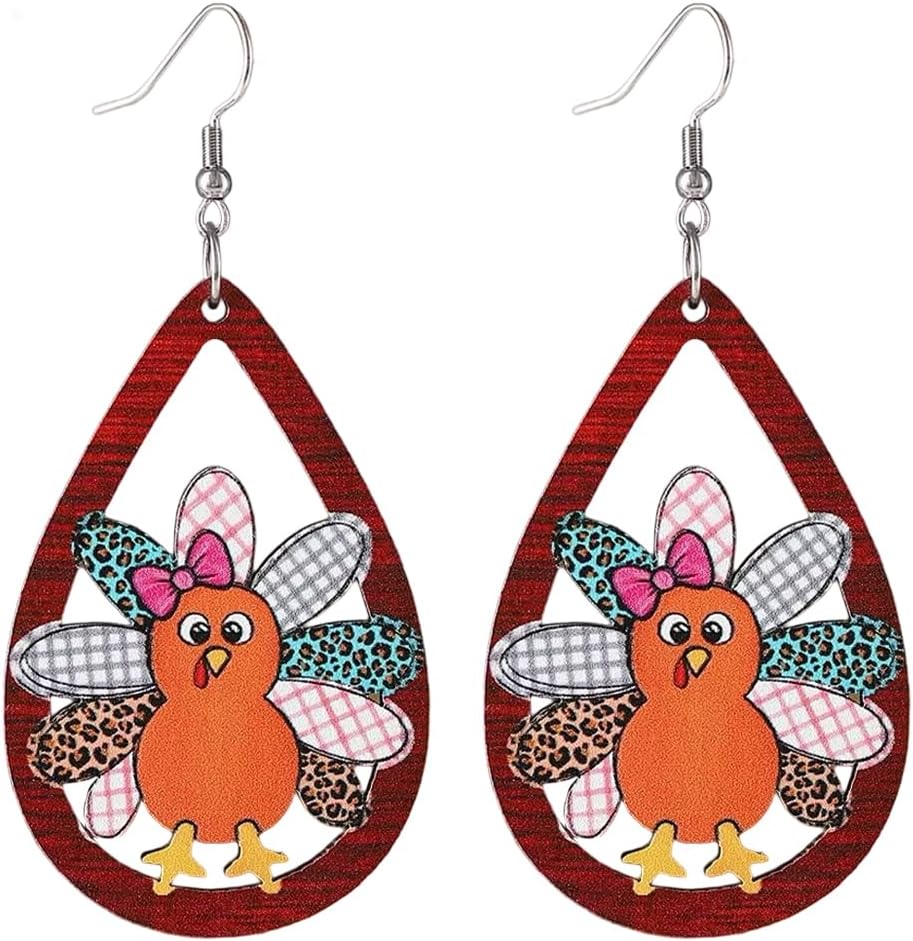 Thanksgiving earrings Handmade Autumn Turkey Chicken Pumpkin Sunflower Maple Leaf Wood Earring for Women Thanksgiving Day Jewelry Gift - 我的商店我的商店我的商店