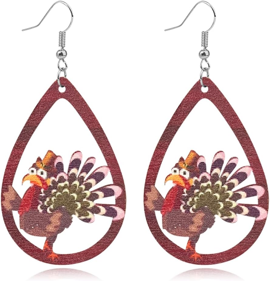 Thanksgiving earrings Handmade Autumn Turkey Chicken Pumpkin Sunflower Maple Leaf Wood Earring for Women Thanksgiving Day Jewelry Gift - 我的商店我的商店我的商店