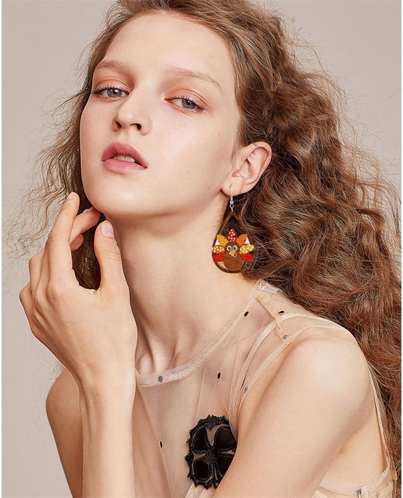 Thanksgiving earrings Handmade Autumn Turkey Chicken Pumpkin Sunflower Maple Leaf Wood Earring for Women Thanksgiving Day Jewelry Gift - 我的商店我的商店我的商店