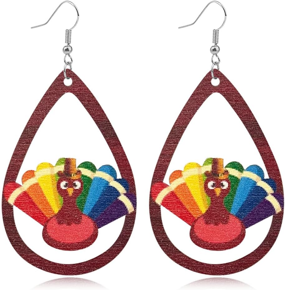 Thanksgiving earrings Handmade Autumn Turkey Chicken Pumpkin Sunflower Maple Leaf Wood Earring for Women Thanksgiving Day Jewelry Gift - 我的商店我的商店我的商店