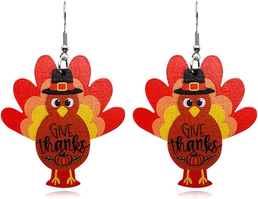 Thanksgiving earrings Handmade Autumn Turkey Chicken Pumpkin Sunflower Maple Leaf Wood Earring for Women Thanksgiving Day Jewelry Gift - 我的商店我的商店我的商店