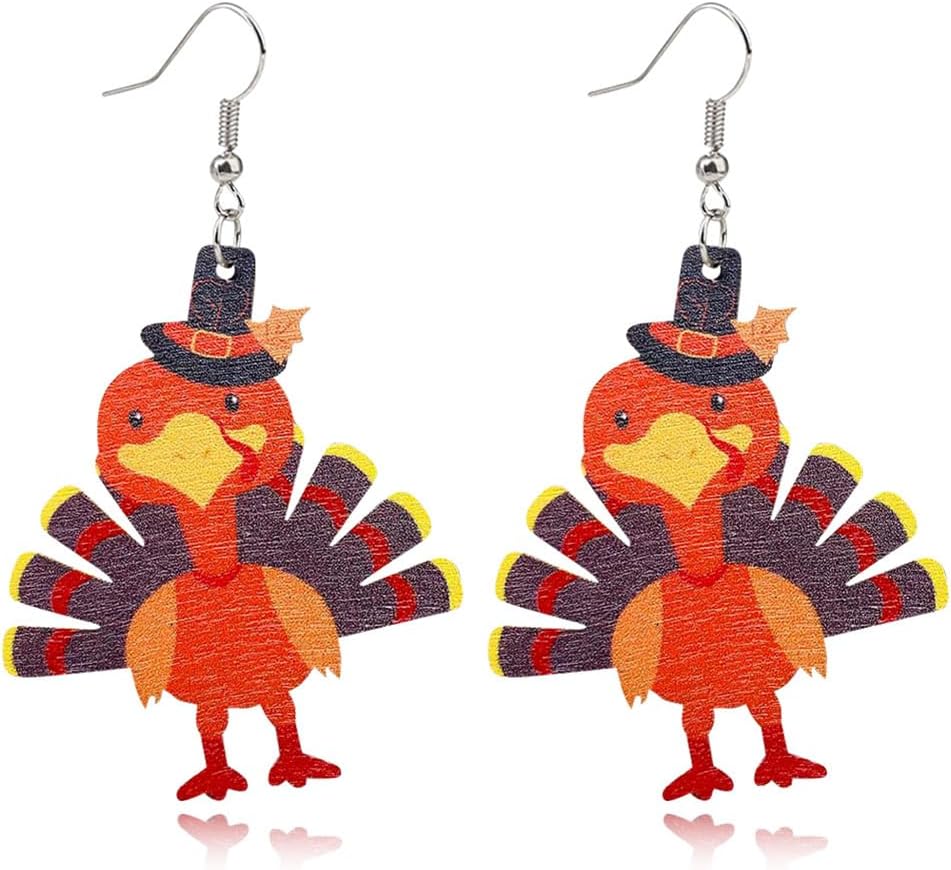Thanksgiving earrings Handmade Autumn Turkey Chicken Pumpkin Sunflower Maple Leaf Wood Earring for Women Thanksgiving Day Jewelry Gift - 我的商店我的商店我的商店