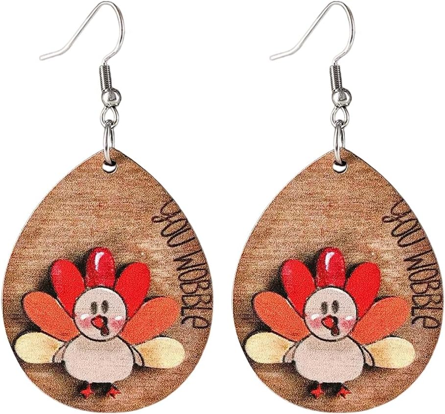 Thanksgiving earrings Handmade Autumn Turkey Chicken Pumpkin Sunflower Maple Leaf Wood Earring for Women Thanksgiving Day Jewelry Gift - 我的商店我的商店我的商店