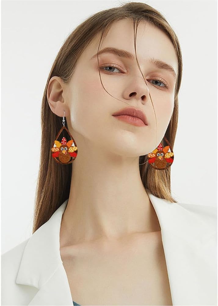 Thanksgiving earrings Handmade Autumn Turkey Chicken Pumpkin Sunflower Maple Leaf Wood Earring for Women Thanksgiving Day Jewelry Gift - 我的商店我的商店我的商店
