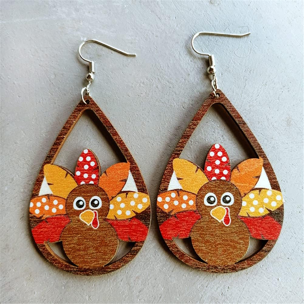 Thanksgiving earrings Handmade Autumn Turkey Chicken Pumpkin Sunflower Maple Leaf Wood Earring for Women Thanksgiving Day Jewelry Gift - 我的商店我的商店我的商店