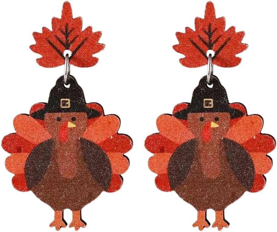 Thanksgiving earrings Handmade Autumn Turkey Chicken Pumpkin Sunflower Maple Leaf Wood Earring for Women Thanksgiving Day Jewelry Gift - 我的商店我的商店我的商店
