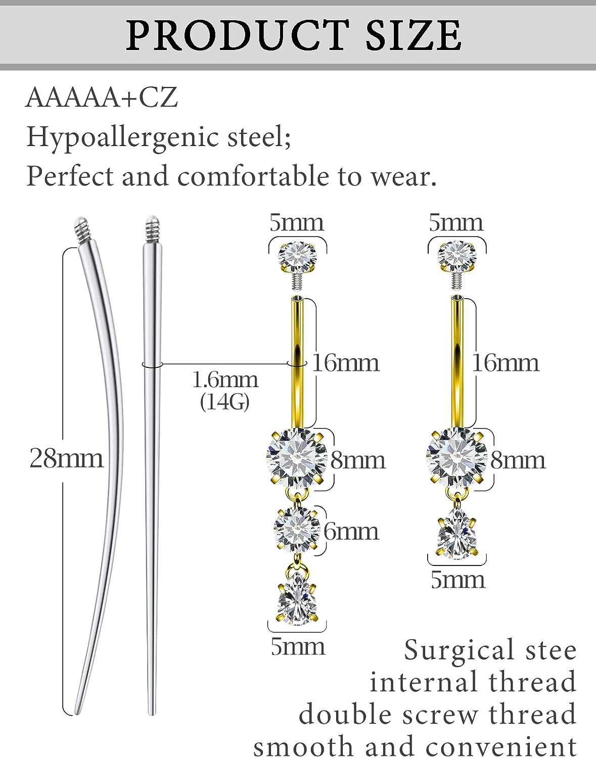 Threaded Belly Button Rings Surgical Stee, Extra - Long & Short Simple Belly Rings, 14G Belly Piercing Jewelry,Navel Piercing Jewelry for Women Men 10mm 12mm 14mm 16mm - 我的商店我的商店我的商店