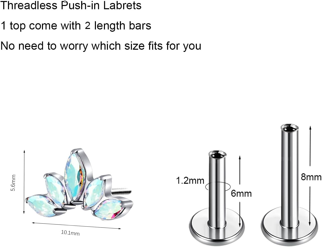 Threadless Labret Studs Push - in Colorful CZ Labret Cluster Tragus Helix Conch Lobe - QIAO CrystalQIAO CrystalQIAO Crystal