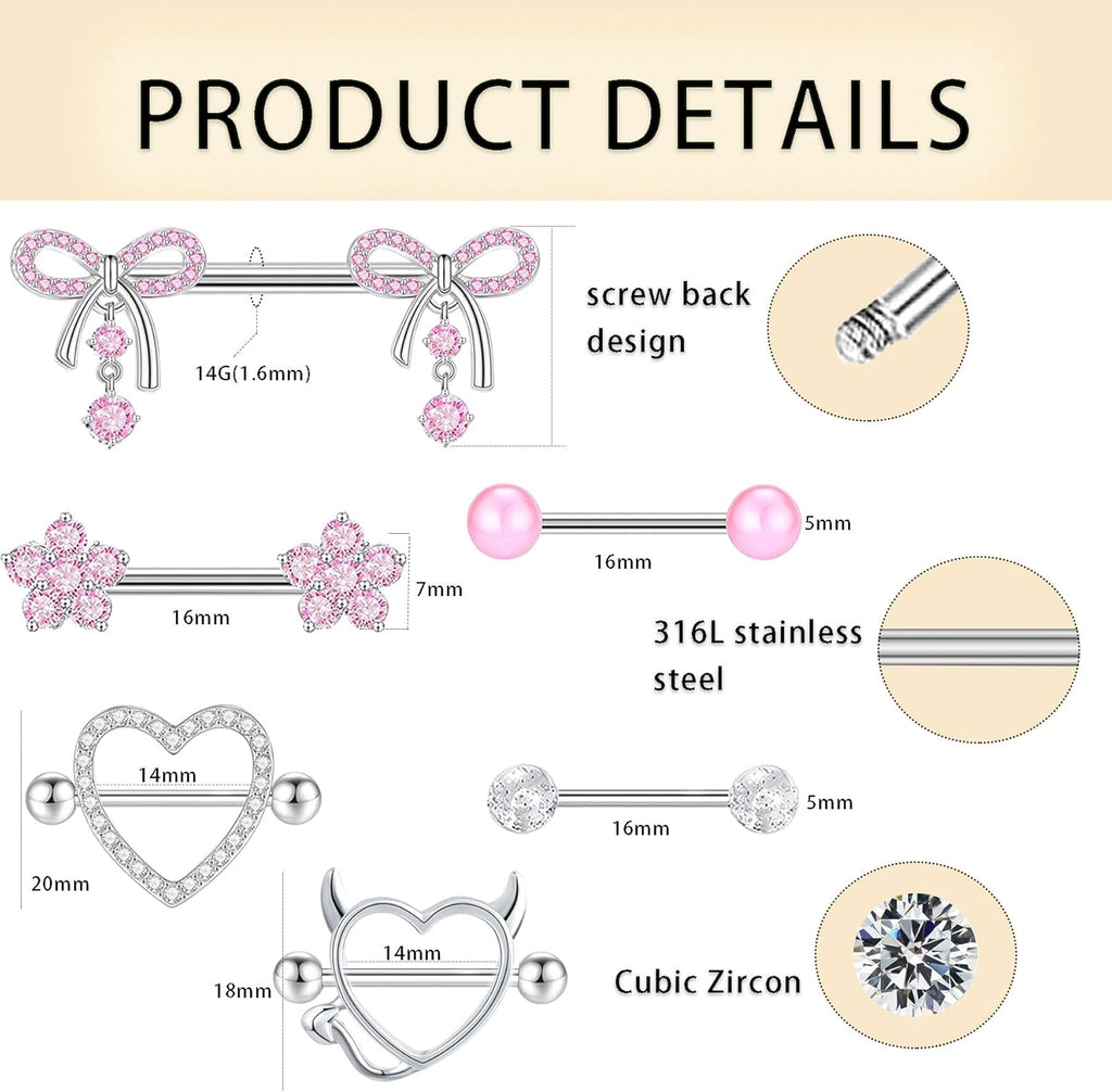 TIANCI FBYJS 6 Pairs 14G Nipple Rings for Women 316L Stainless Steel Heart Bow CZ Flower Barbell Nipple Rings Set Cute Nipplerings Piercing Jewelry - QIAO CrystalQIAO CrystalQIAO Crystal
