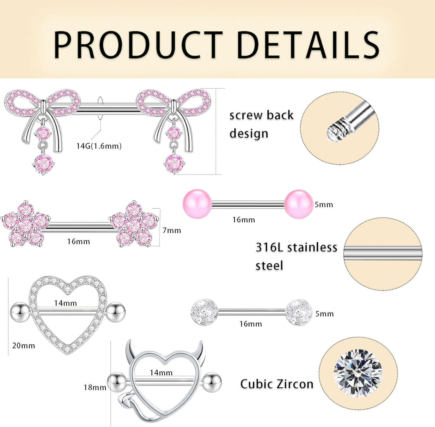 TIANCI FBYJS 6 Pairs 14G Nipple Rings for Women 316L Stainless Steel Heart Bow CZ Flower Barbell Nipple Rings Set Cute Nipplerings Piercing Jewelry - QIAO CrystalQIAO CrystalQIAO Crystal