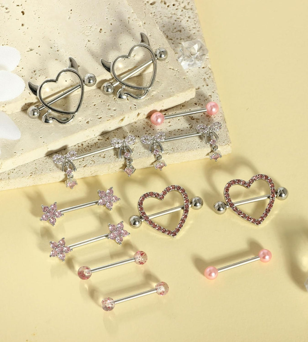 TIANCI FBYJS 6 Pairs 14G Nipple Rings for Women 316L Stainless Steel Heart Bow CZ Flower Barbell Nipple Rings Set Cute Nipplerings Piercing Jewelry - QIAO CrystalQIAO CrystalQIAO Crystal