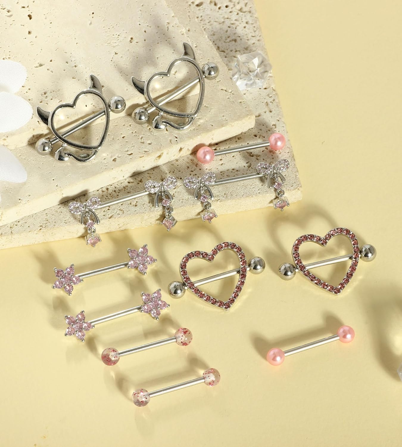 TIANCI FBYJS 6 Pairs 14G Nipple Rings for Women 316L Stainless Steel Heart Bow CZ Flower Barbell Nipple Rings Set Cute Nipplerings Piercing Jewelry - QIAO CrystalQIAO CrystalQIAO Crystal