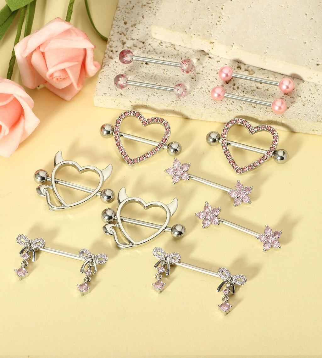 TIANCI FBYJS 6 Pairs 14G Nipple Rings for Women 316L Stainless Steel Heart Bow CZ Flower Barbell Nipple Rings Set Cute Nipplerings Piercing Jewelry - QIAO CrystalQIAO CrystalQIAO Crystal