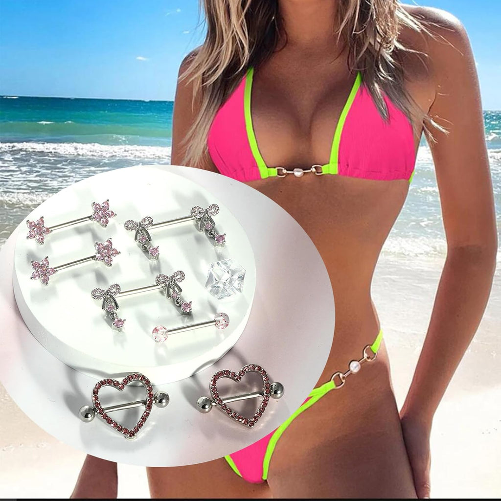TIANCI FBYJS 6 Pairs 14G Nipple Rings for Women 316L Stainless Steel Heart Bow CZ Flower Barbell Nipple Rings Set Cute Nipplerings Piercing Jewelry - QIAO CrystalQIAO CrystalQIAO Crystal