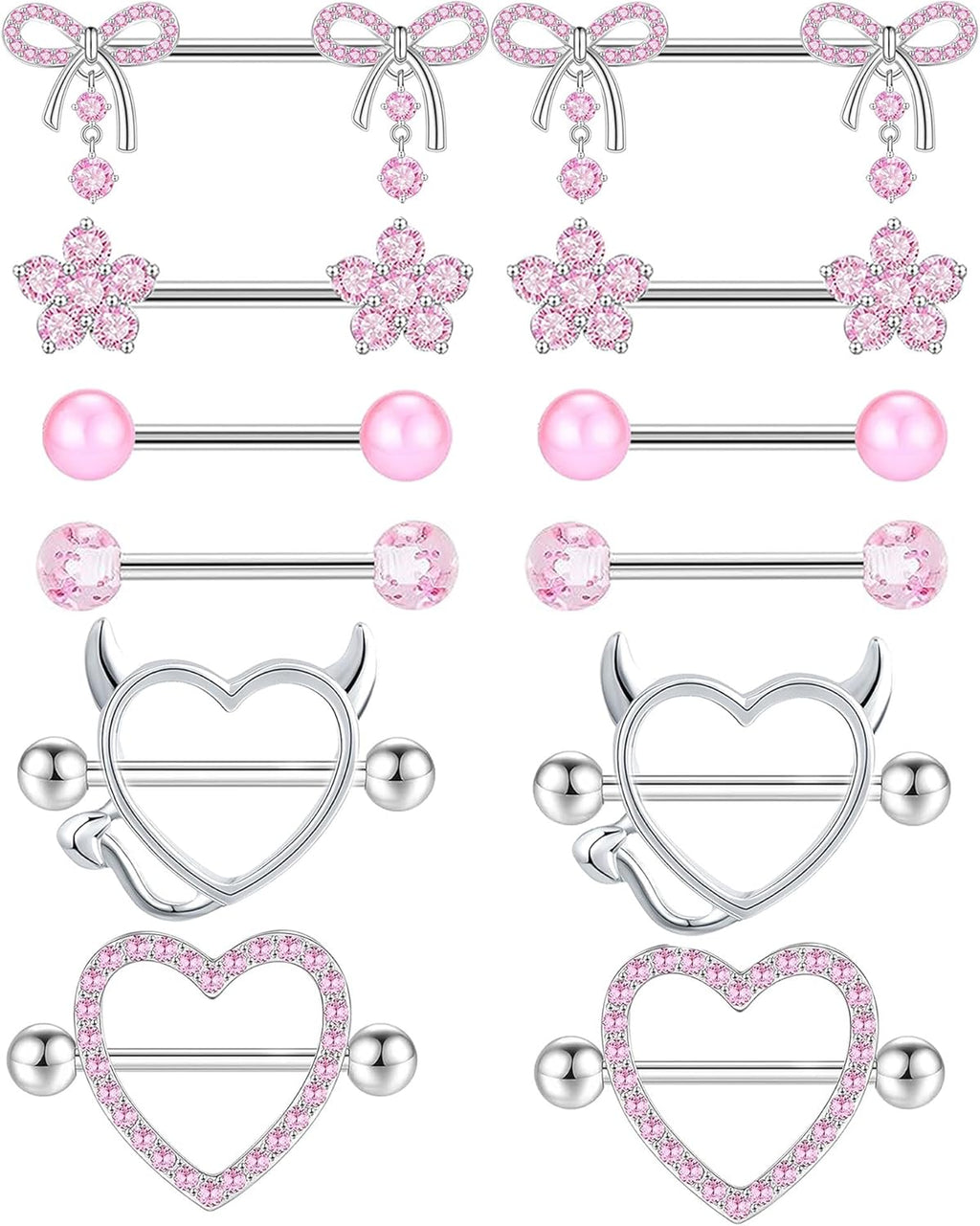 TIANCI FBYJS 6 Pairs 14G Nipple Rings for Women 316L Stainless Steel Heart Bow CZ Flower Barbell Nipple Rings Set Cute Nipplerings Piercing Jewelry - QIAO CrystalQIAO CrystalQIAO Crystal