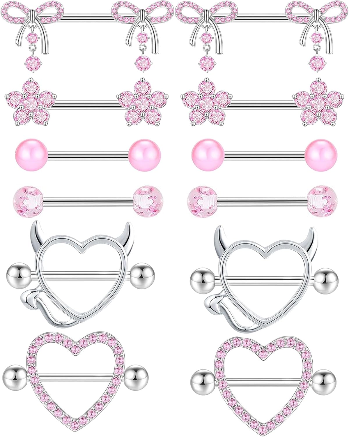 TIANCI FBYJS 6 Pairs 14G Nipple Rings for Women 316L Stainless Steel Heart Bow CZ Flower Barbell Nipple Rings Set Cute Nipplerings Piercing Jewelry - QIAO CrystalQIAO CrystalQIAO Crystal