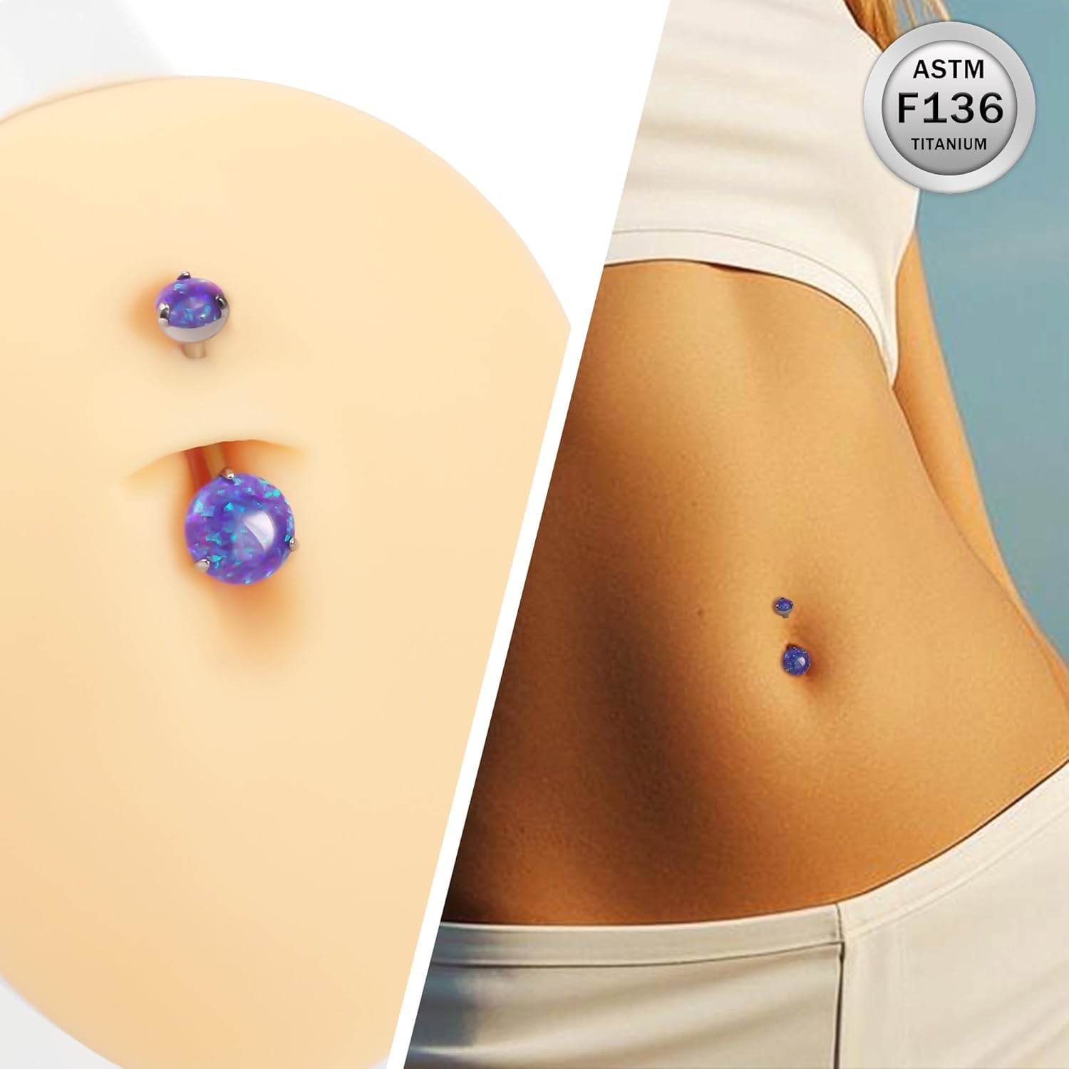 Titanium Belly Button Rings 14G Opal Round Belly Navel Rings 10mm Bar Body Piercing Jewelry Navel Ring With 1PCS Curved Piercing Taper - 我的商店我的商店我的商店