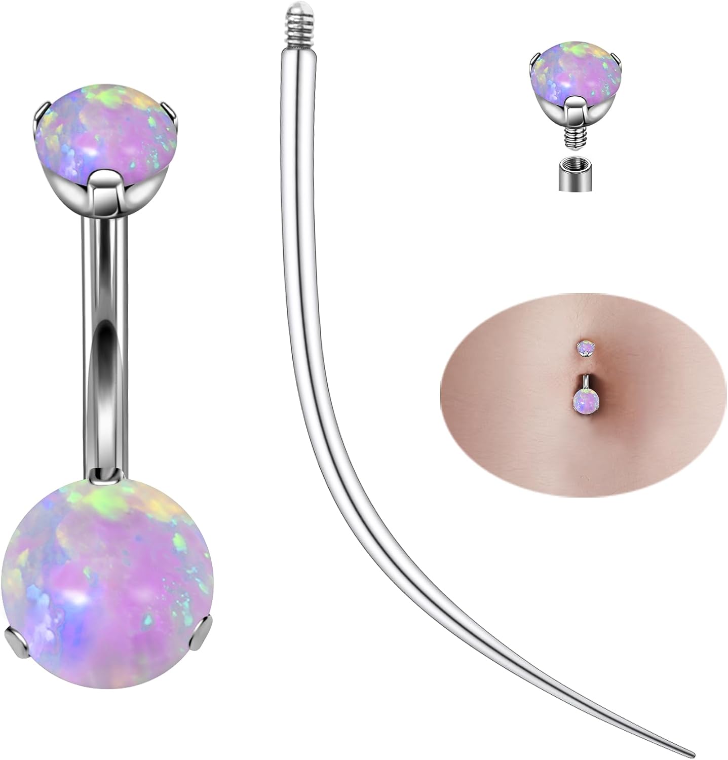 Titanium Belly Button Rings 14G Opal Round Belly Navel Rings 10mm Bar Body Piercing Jewelry Navel Ring With 1PCS Curved Piercing Taper - 我的商店我的商店我的商店