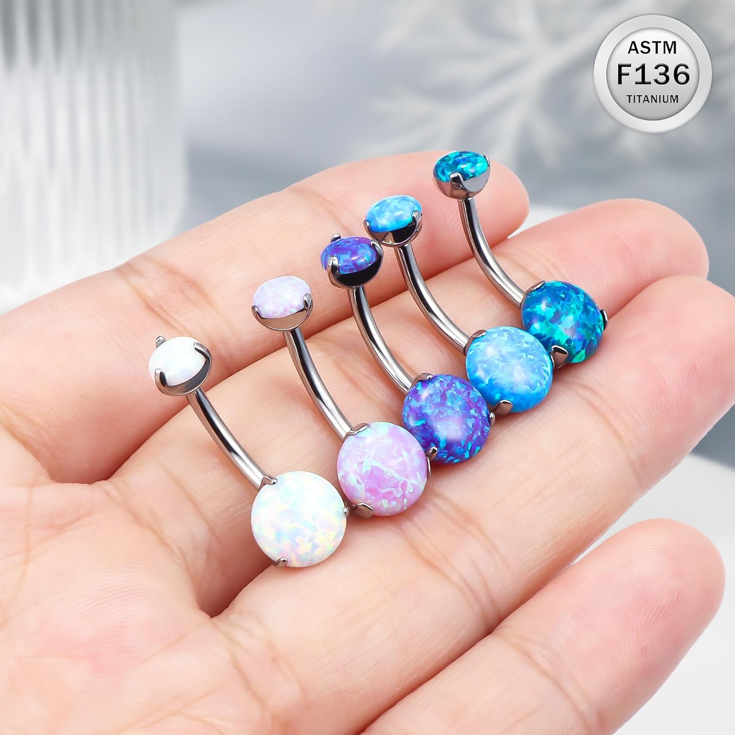 Titanium Belly Button Rings 14G Opal Round Belly Navel Rings 10mm Bar Body Piercing Jewelry Navel Ring With 1PCS Curved Piercing Taper - 我的商店我的商店我的商店