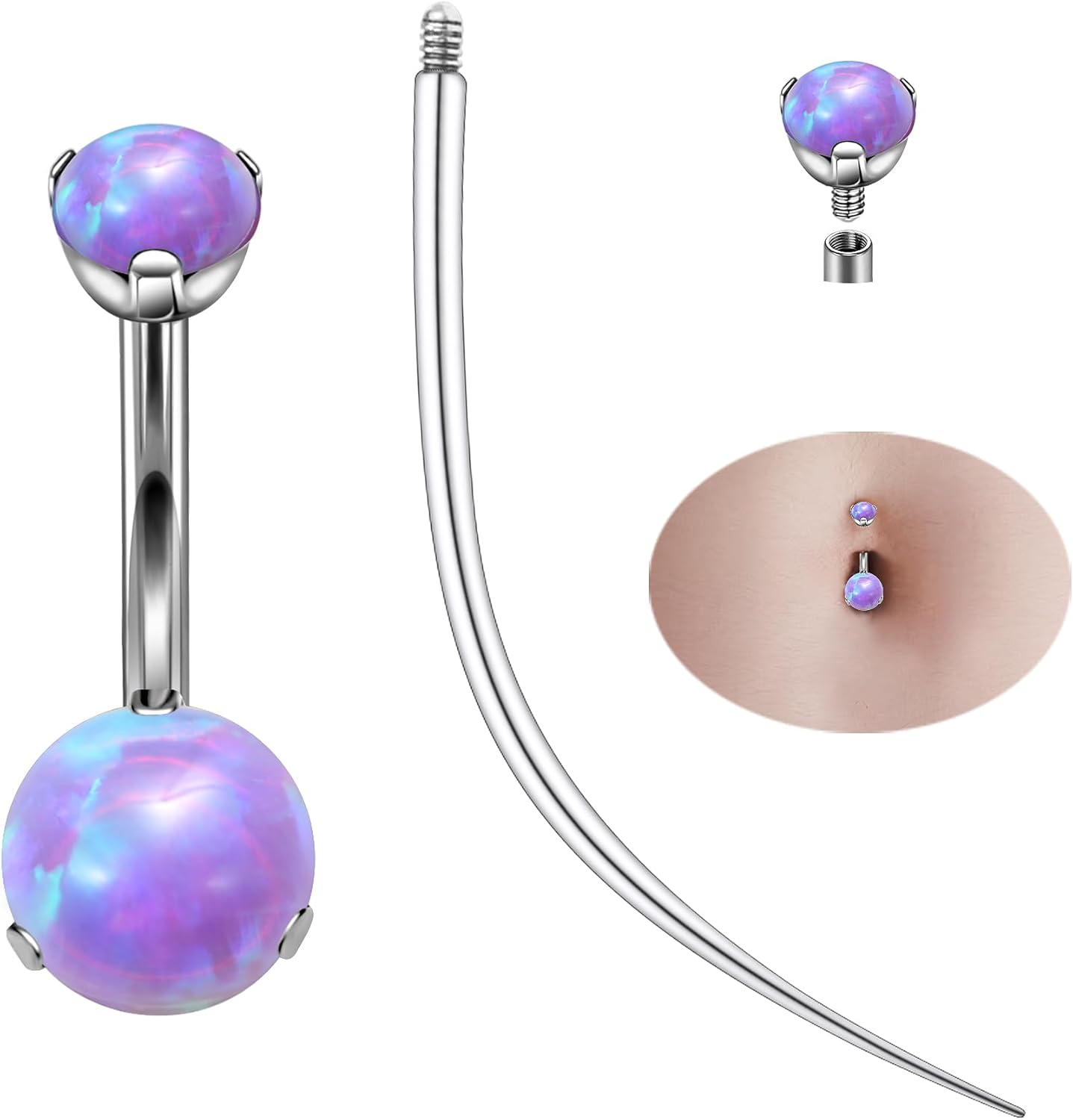 Titanium Belly Button Rings 14G Opal Round Belly Navel Rings 10mm Bar Body Piercing Jewelry Navel Ring With 1PCS Curved Piercing Taper - 我的商店我的商店我的商店