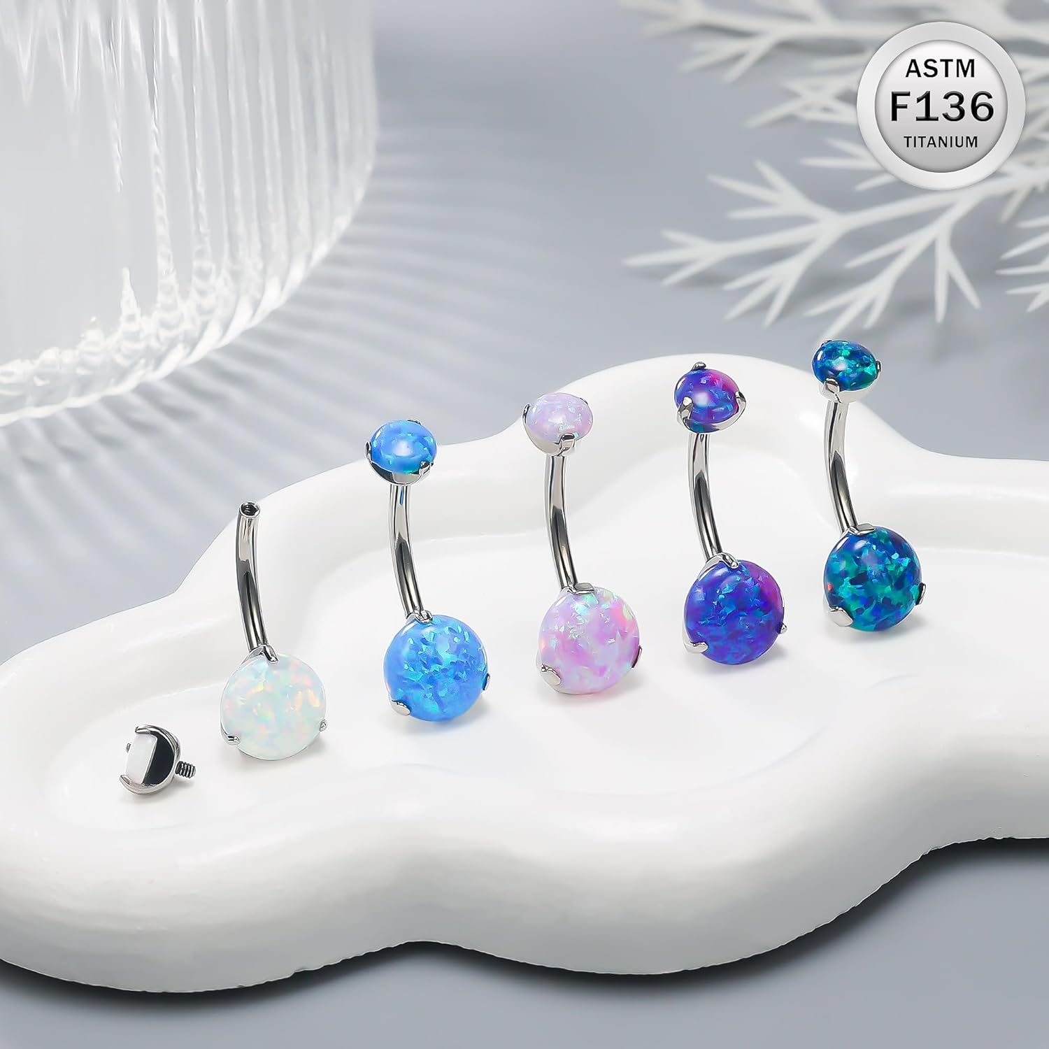 Titanium Belly Button Rings 14G Opal Round Belly Navel Rings 10mm Bar Body Piercing Jewelry Navel Ring With 1PCS Curved Piercing Taper - 我的商店我的商店我的商店