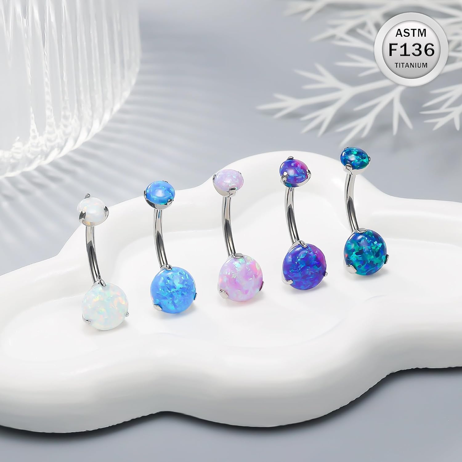 Titanium Belly Button Rings 14G Opal Round Belly Navel Rings 10mm Bar Body Piercing Jewelry Navel Ring With 1PCS Curved Piercing Taper - 我的商店我的商店我的商店
