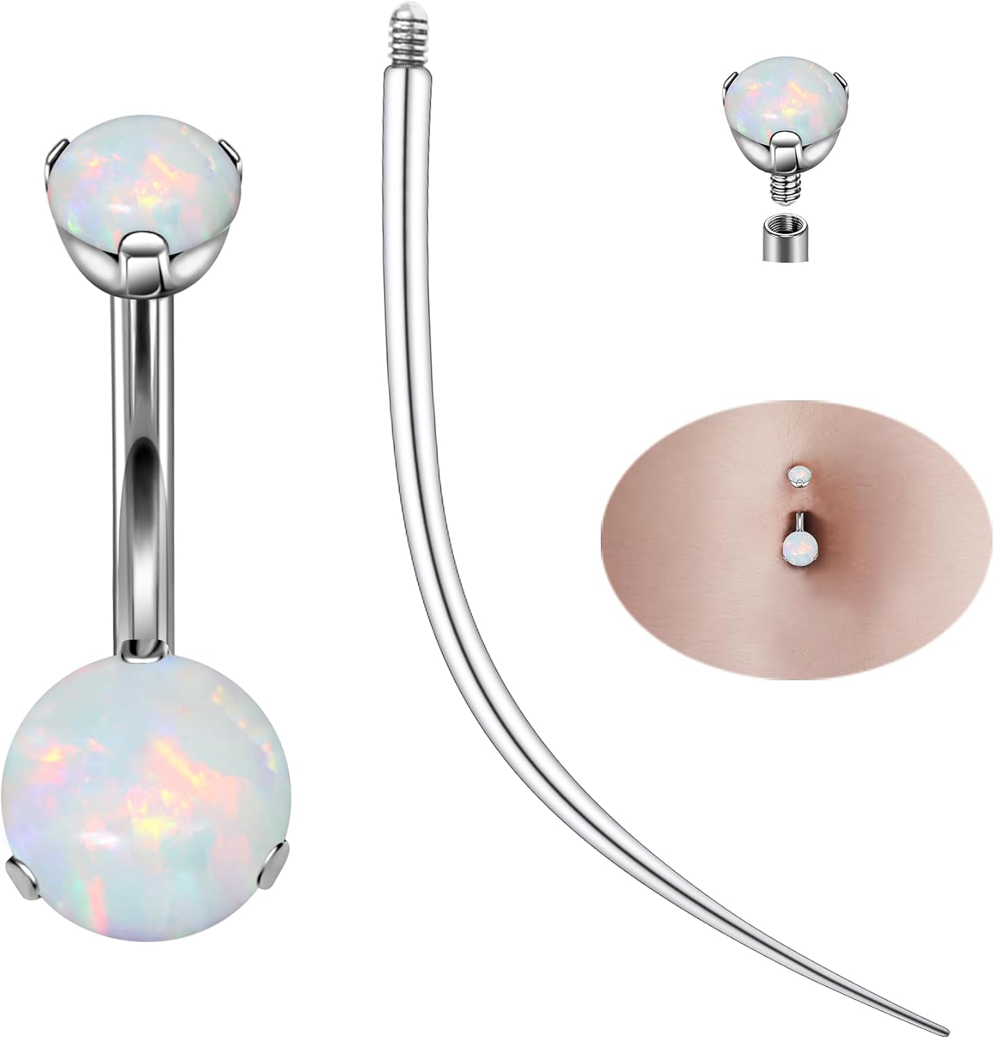 Titanium Belly Button Rings 14G Opal Round Belly Navel Rings 10mm Bar Body Piercing Jewelry Navel Ring With 1PCS Curved Piercing Taper - 我的商店我的商店我的商店