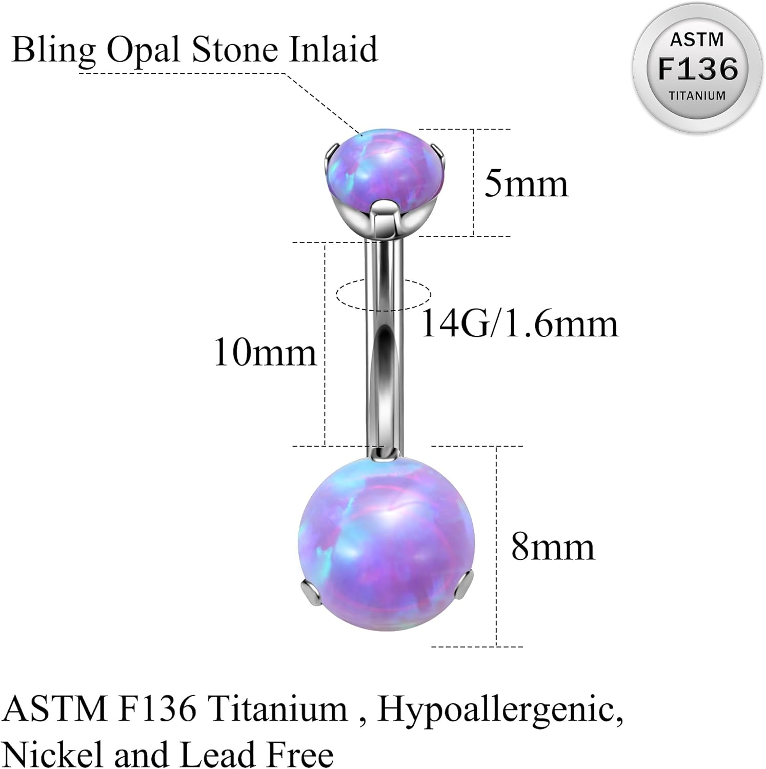 Titanium Belly Button Rings 14G Opal Round Belly Navel Rings 10mm Bar Body Piercing Jewelry Navel Ring With 1PCS Curved Piercing Taper - 我的商店我的商店我的商店