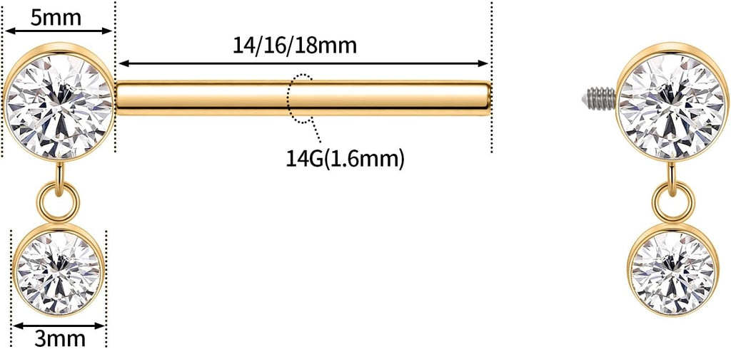 Titanium Nipple Piercing Jewelry - Internally Threaded Rings With Cubic Zirconia Dangle, 14G Barbell Bars - QIAO CrystalQIAO CrystalQIAO Crystal