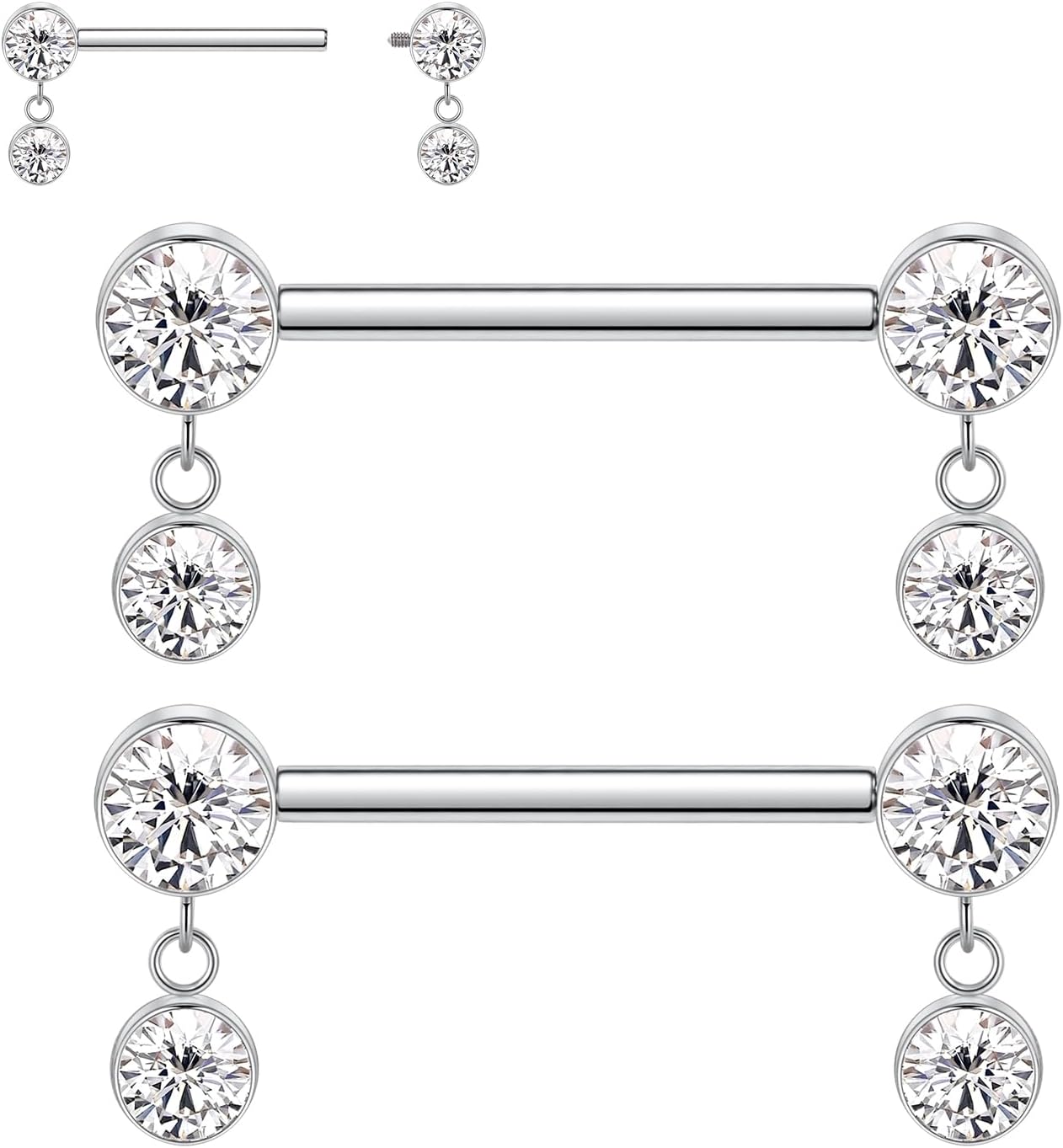 Titanium Nipple Piercing Jewelry - Internally Threaded Rings With Cubic Zirconia Dangle, 14G Barbell Bars - QIAO CrystalQIAO CrystalQIAO Crystal