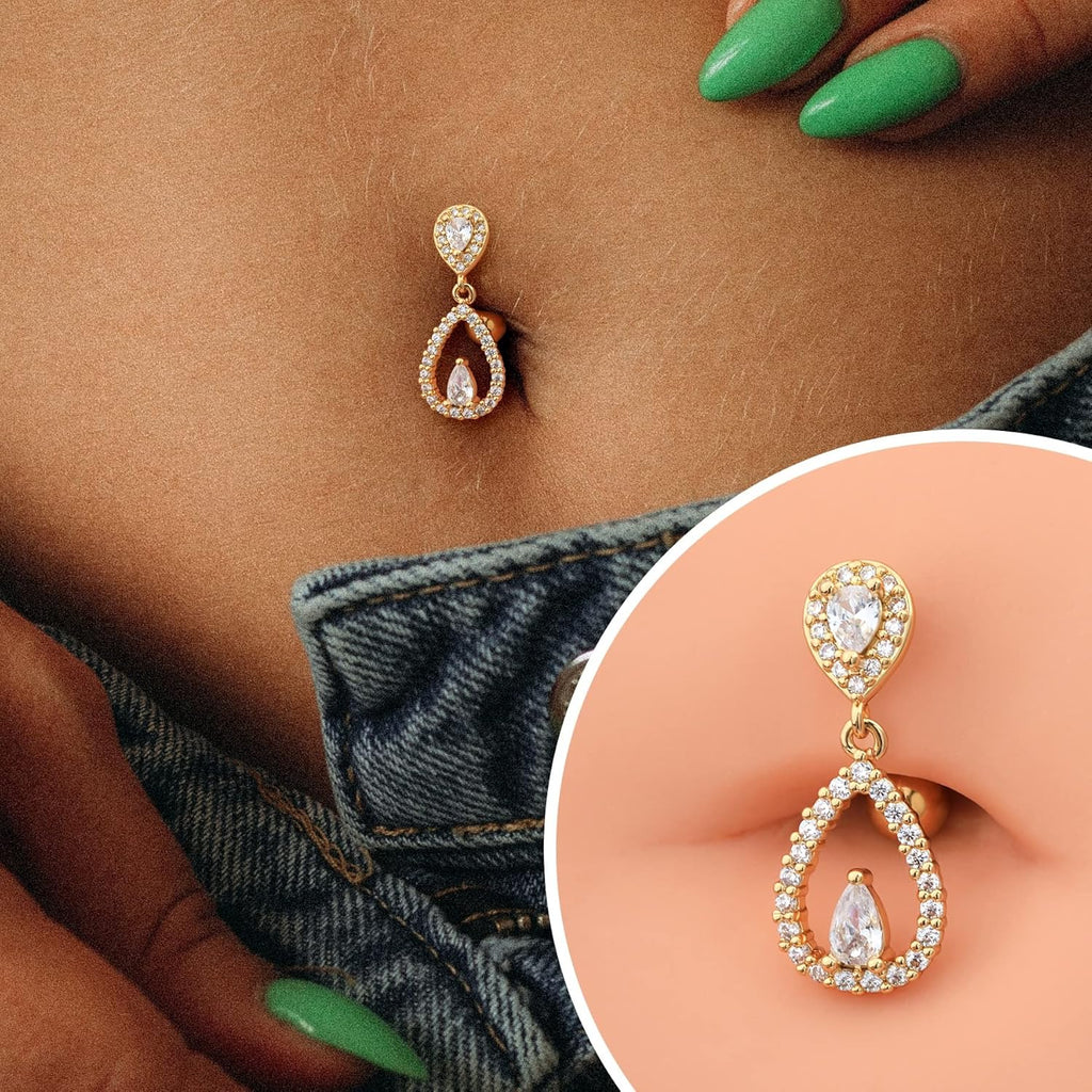 Top Down Belly Button Rings 14g Cute CZ Heart Belly Button Rings for Women Dangle Tear Drop Belly Ring Belly Piercing Jewelry - 我的商店我的商店我的商店