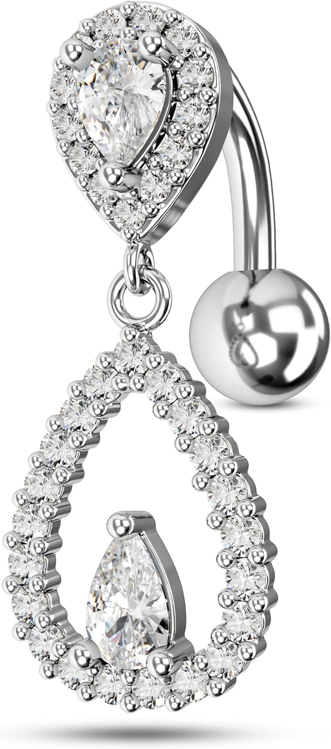 Top Down Belly Button Rings 14g Cute CZ Heart Belly Button Rings for Women Dangle Tear Drop Belly Ring Belly Piercing Jewelry - 我的商店我的商店我的商店
