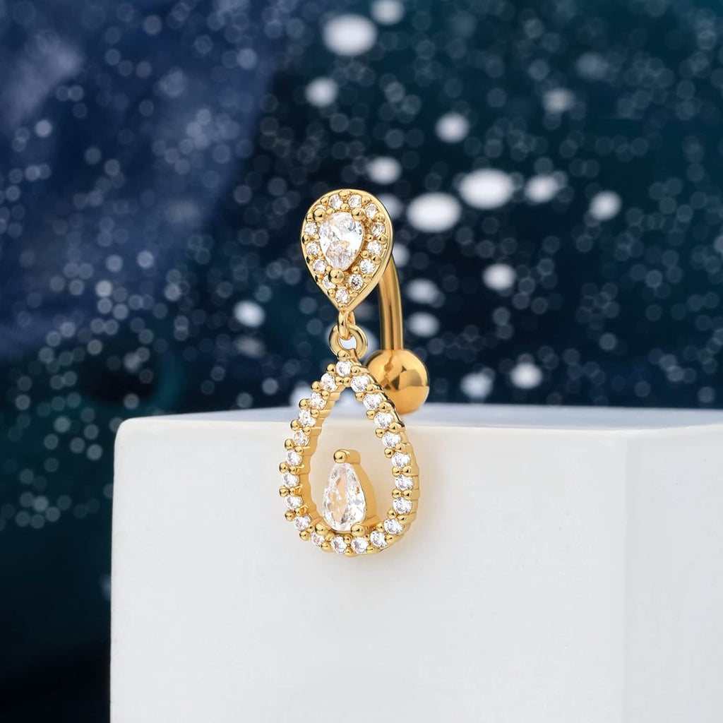 Top Down Belly Button Rings 14g Cute CZ Heart Belly Button Rings for Women Dangle Tear Drop Belly Ring Belly Piercing Jewelry - 我的商店我的商店我的商店