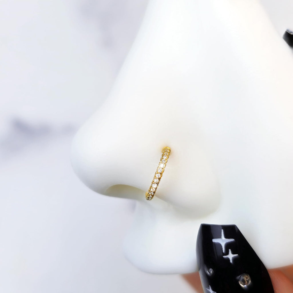 Triple Sided Micro Gem Nose Hoop Ring - Implant Grade Titanium With Sparkling CZ Gems on All Sides - 20G Hypoallergenic Piercing Jewelry Cubic Zirconia - QIAO Crystal我的商店QIAO Crystal