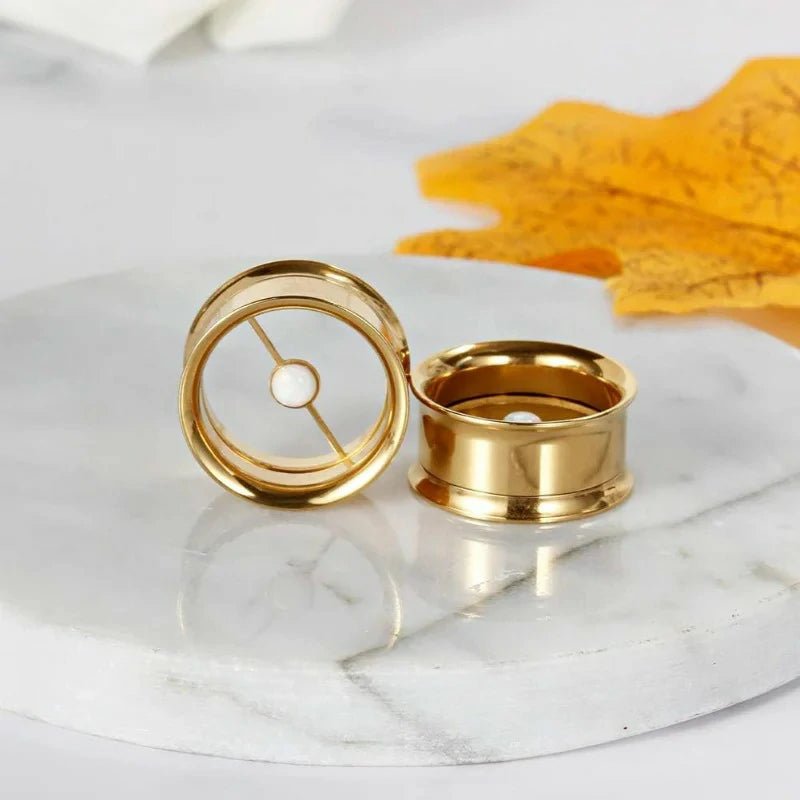 Tunnel Gauge Stretcher Piercing Silver Opal Center Stainless Steel Screw - QIAO CrystalQIAO CrystalQIAO Crystal