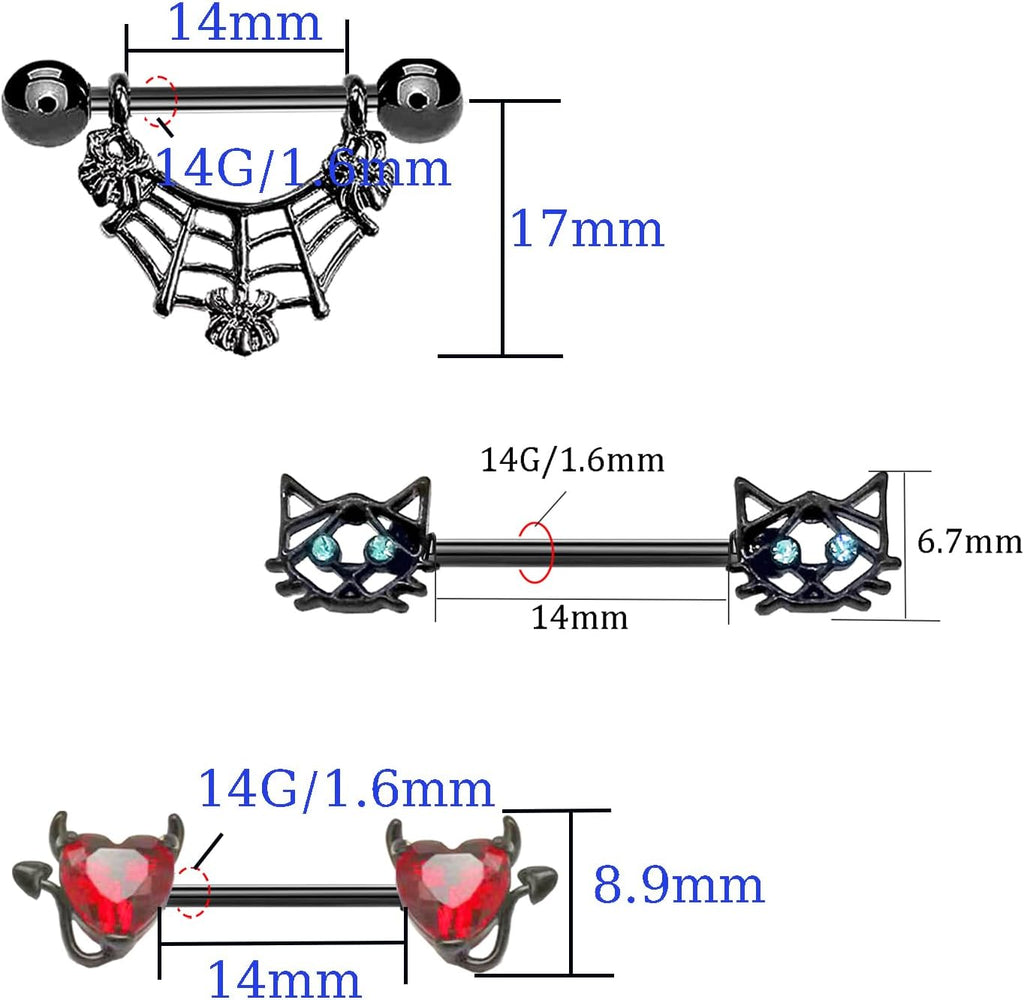 VERAMI 14G 16G Bat Devil Heart Nipple Rings Stainless Steel Heart Nipple Barbell Rings Tongue Rings Body Piercing for Women Men - QIAO CrystalQIAO CrystalQIAO Crystal