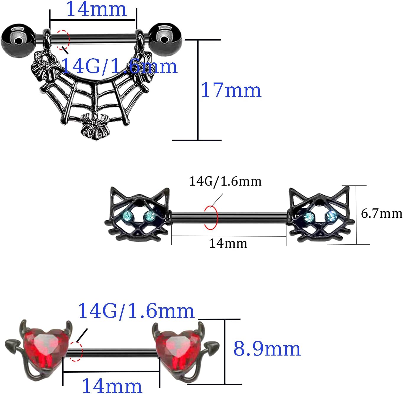 VERAMI 14G 16G Bat Devil Heart Nipple Rings Stainless Steel Heart Nipple Barbell Rings Tongue Rings Body Piercing for Women Men - QIAO CrystalQIAO CrystalQIAO Crystal