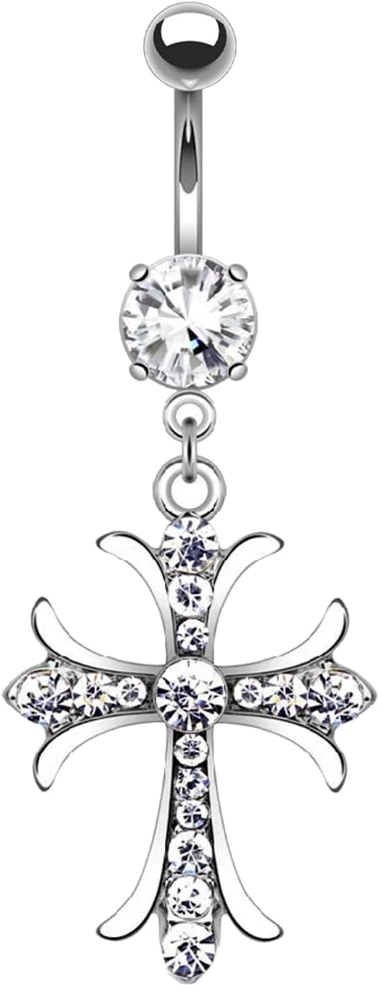 VERAMI 14G 316L Celtic Cross Belly Button Ring Surgical Steel Paved Gems Dangling Belly Button Ring Body Piercing Jewelry - 我的商店我的商店我的商店
