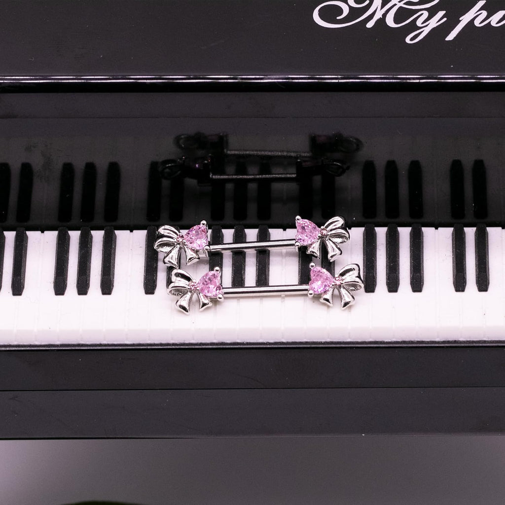 VERAMI 14G Stainless Steel Bowknot Nipple Rings 316L Heart CZ Nipple Barbell Rings Body Piercing for Women - QIAO CrystalQIAO CrystalQIAO Crystal