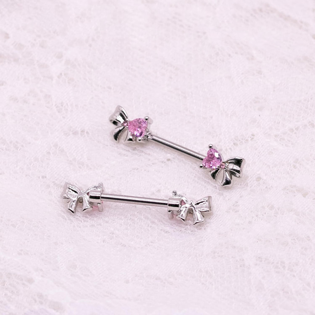 VERAMI 14G Stainless Steel Bowknot Nipple Rings 316L Heart CZ Nipple Barbell Rings Body Piercing for Women - QIAO CrystalQIAO CrystalQIAO Crystal