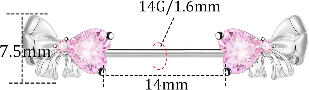 VERAMI 14G Stainless Steel Bowknot Nipple Rings 316L Heart CZ Nipple Barbell Rings Body Piercing for Women - QIAO CrystalQIAO CrystalQIAO Crystal