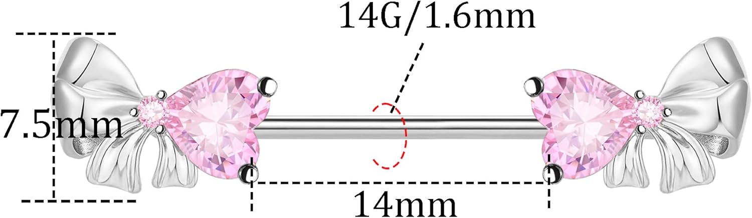 VERAMI 14G Stainless Steel Bowknot Nipple Rings 316L Heart CZ Nipple Barbell Rings Body Piercing for Women - QIAO CrystalQIAO CrystalQIAO Crystal