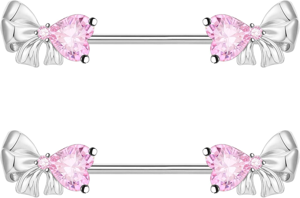 VERAMI 14G Stainless Steel Bowknot Nipple Rings 316L Heart CZ Nipple Barbell Rings Body Piercing for Women - QIAO CrystalQIAO CrystalQIAO Crystal