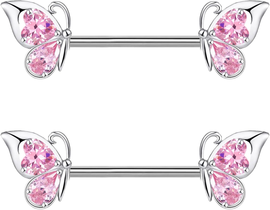 VERAMI 14G Stainless Steel Butterfly Nipple Rings 316L Butterfly Nipple Barbell Rings Body Piercing for Women - QIAO CrystalQIAO CrystalQIAO Crystal