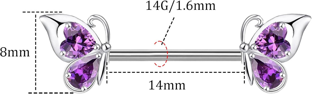 VERAMI 14G Stainless Steel Butterfly Nipple Rings 316L Butterfly Nipple Barbell Rings Body Piercing for Women - QIAO CrystalQIAO CrystalQIAO Crystal