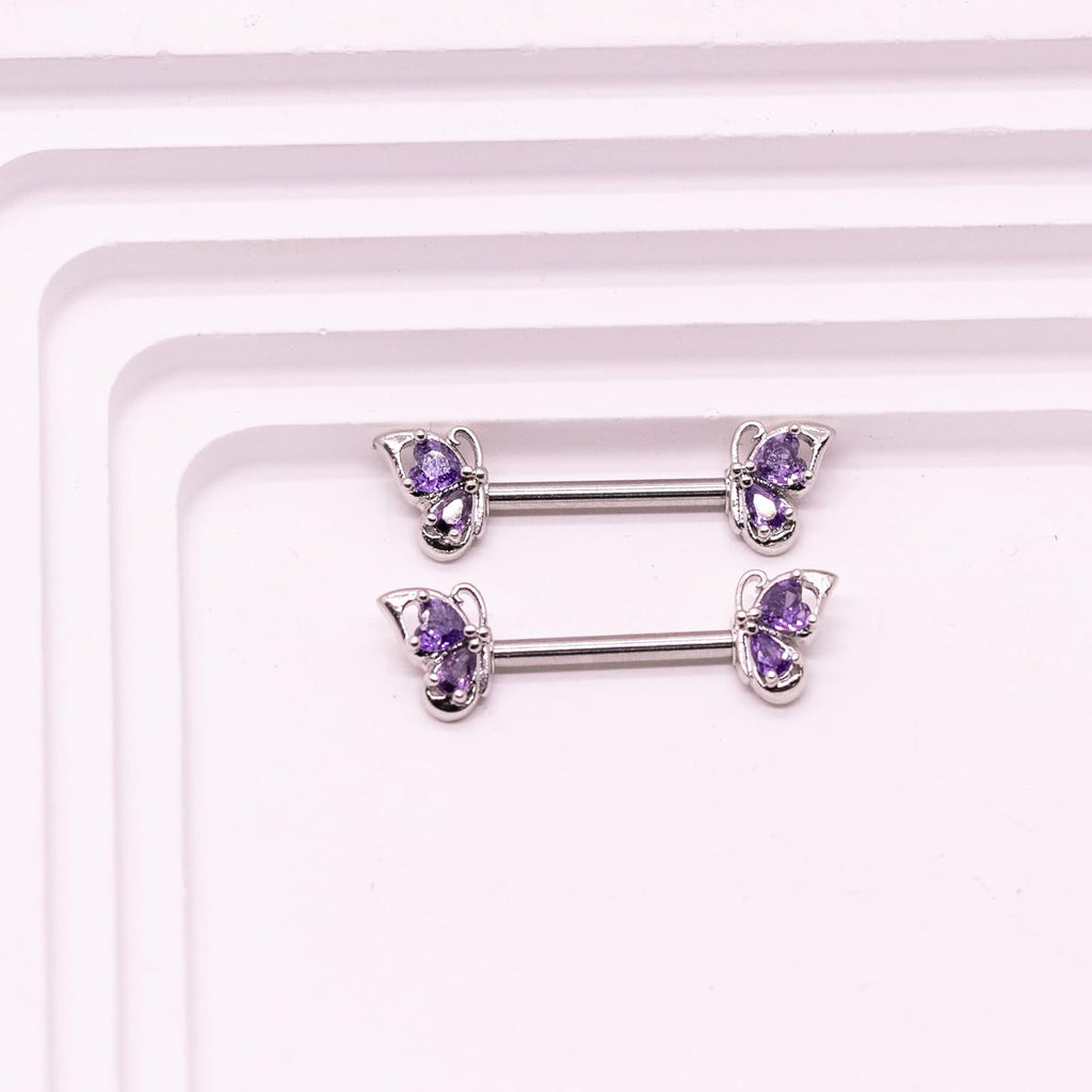 VERAMI 14G Stainless Steel Butterfly Nipple Rings 316L Butterfly Nipple Barbell Rings Body Piercing for Women - QIAO CrystalQIAO CrystalQIAO Crystal